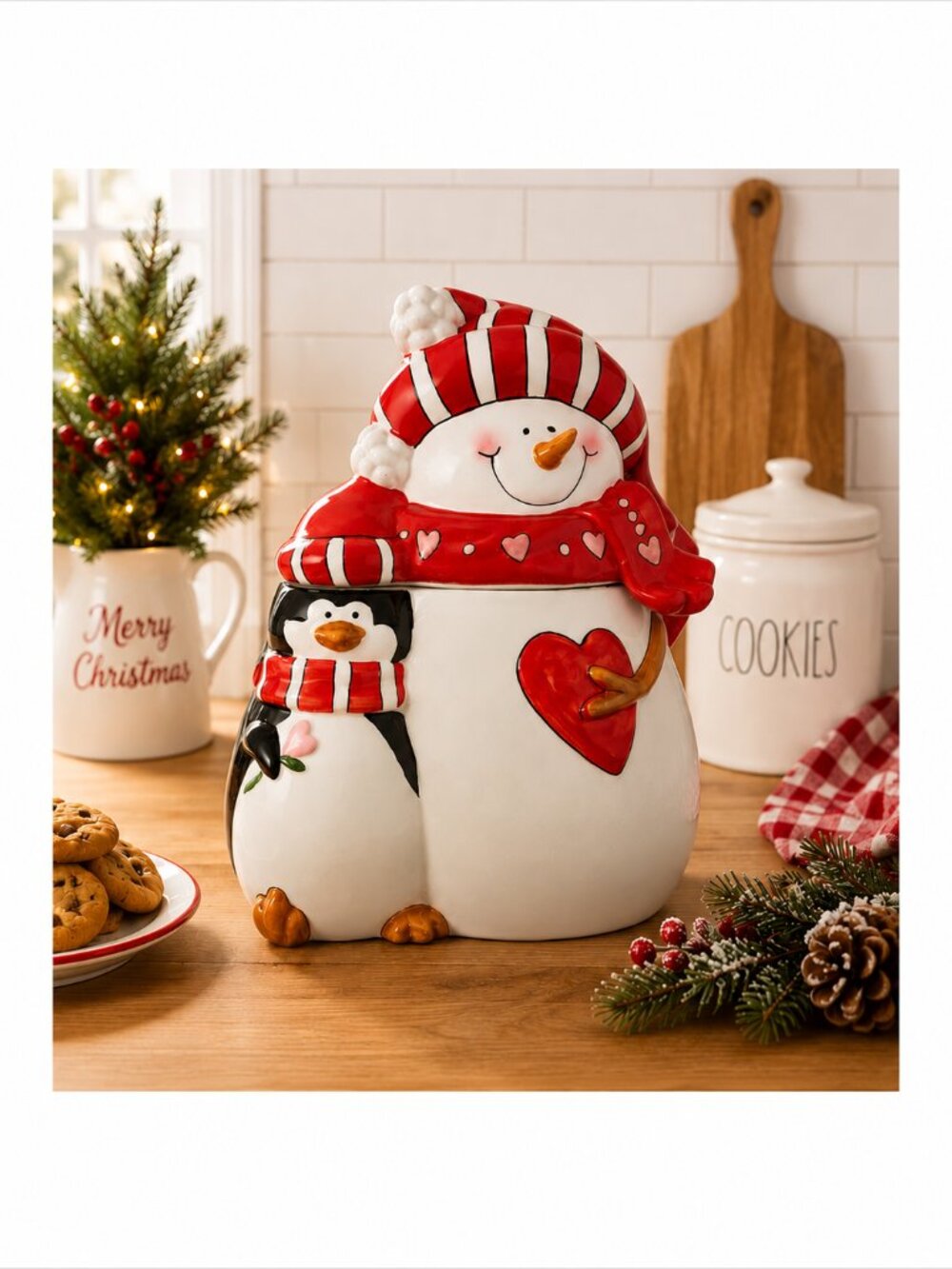 12" Hand Painted Snowman & Penguin Christmas Cookie Jar NOS New Old Stock in Box